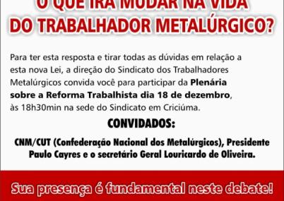 Seminário para os metalúrgicos sobre a Reforma Trabalhista dia 18, segunda-feira
