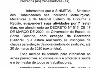Comunicado - Sindicato  suspende as atividades em função do Coronavírus 
